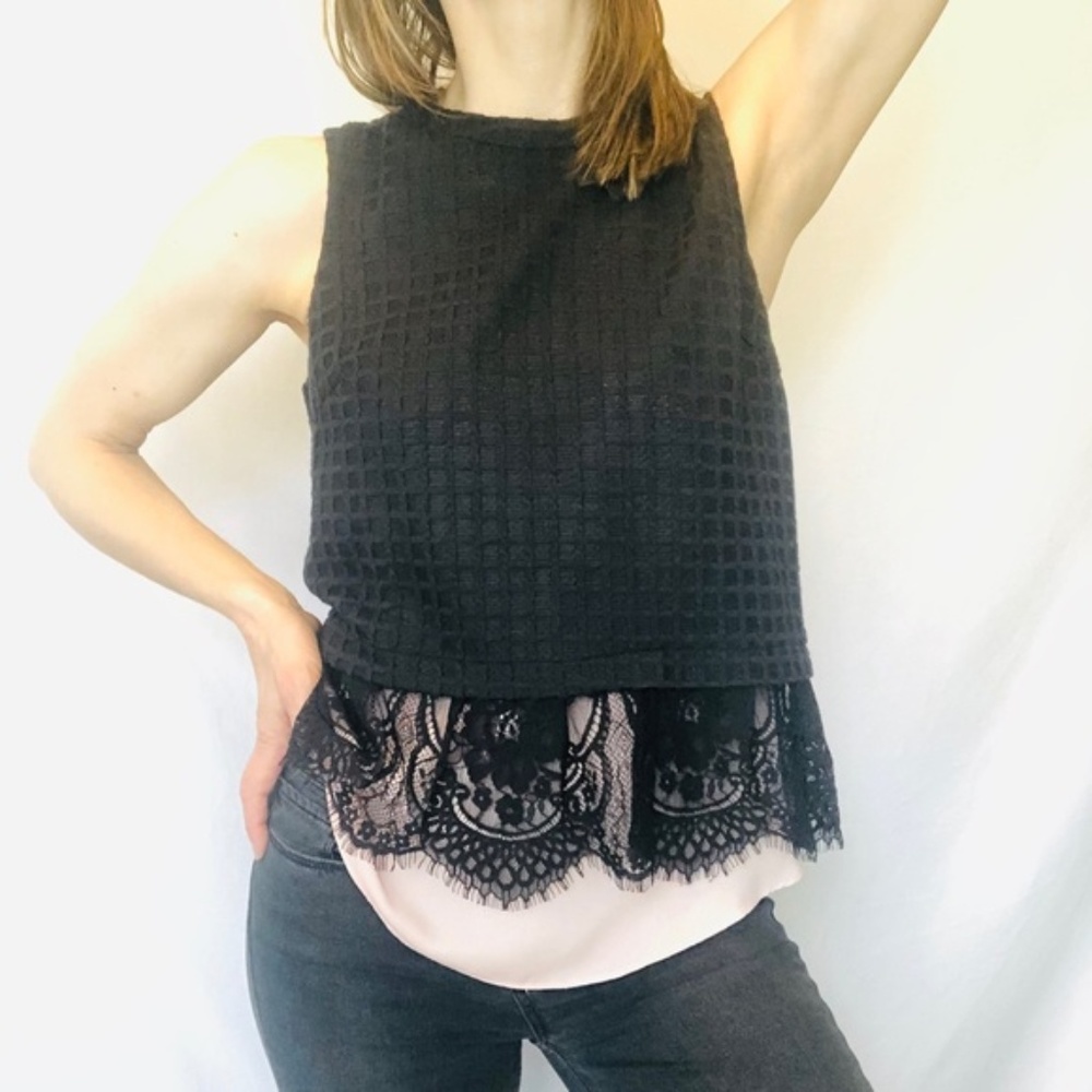 Anthropologie black and pink lace overlay chiffon sleeveless women’s size XS